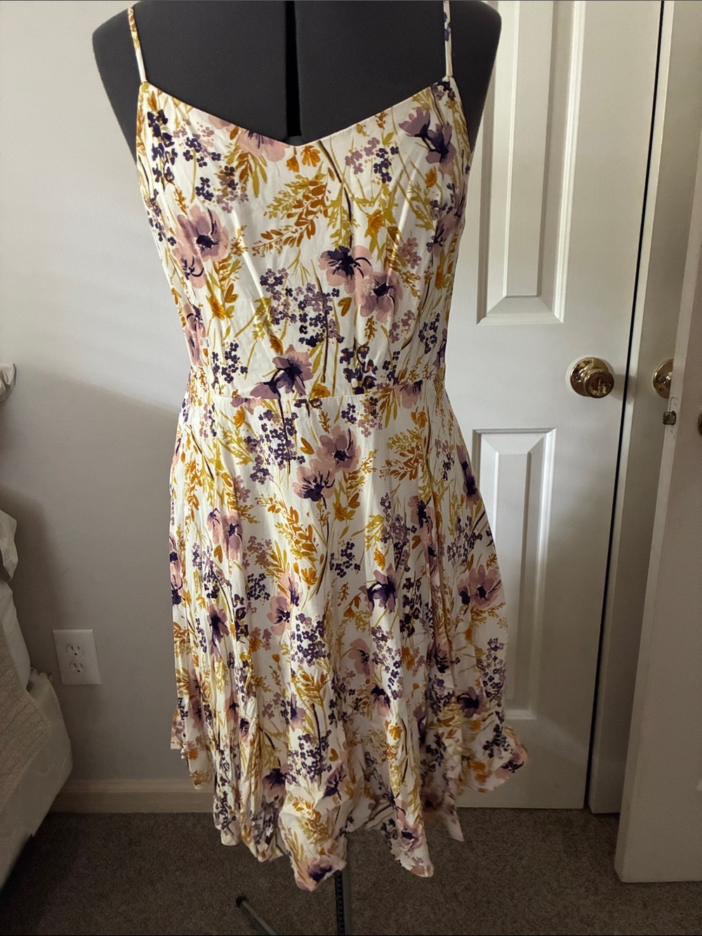 Old Navy White Floral Spaghetti-Strap Mini Dress with Lavender and Gold Print